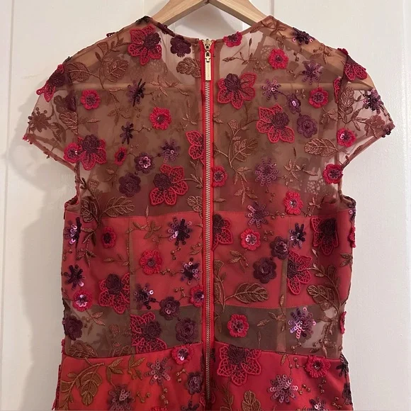 Bronx and Banco Della Rouge Mini Dress Red Floral Sheer Embellished Sz Medium 6 - Picture 9 of 12